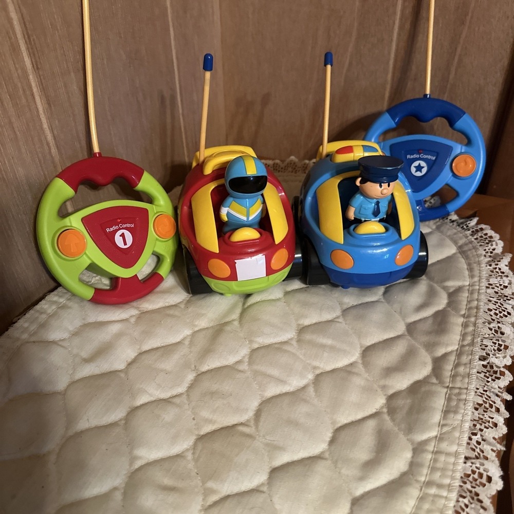 Prextex Cartoon RC Blue Police Car, Red Race Car With Remotes
